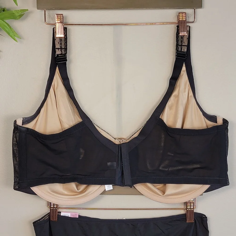 Cacique Unlined Full Coverage Black Lace Bra No Show Hipster Panties Set 46G - Picture 6 of 13